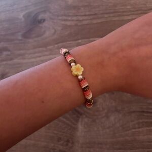 Handmade Yellow Flower Beaded Bracelet - Coral & White Discs